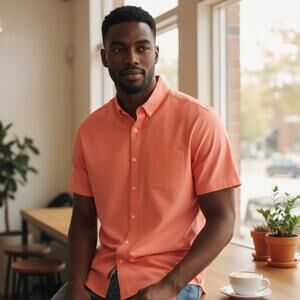 DJAB Simons Chemise Manches Courtes Homme Large Coton Biologique Saumon Élégante